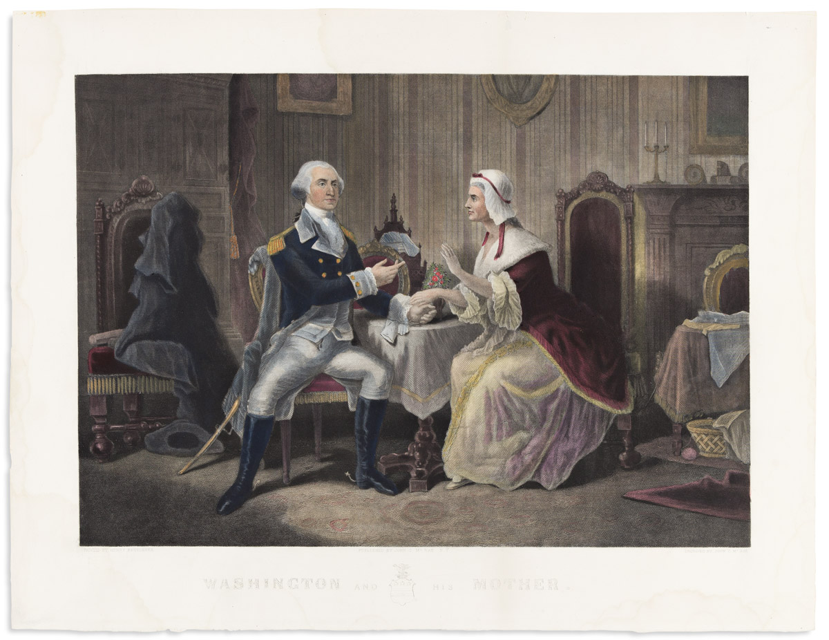 (GEORGE WASHINGTON.) Group of 3 hand-colored engravings of scenes from Washingtons life.